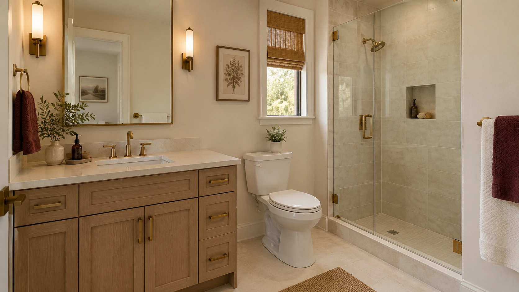 Bathroom concept with oak vanity, cream tile and glass shower