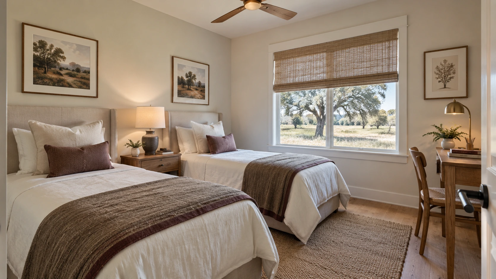 Second bedroom concept with twin beds and a compact desk