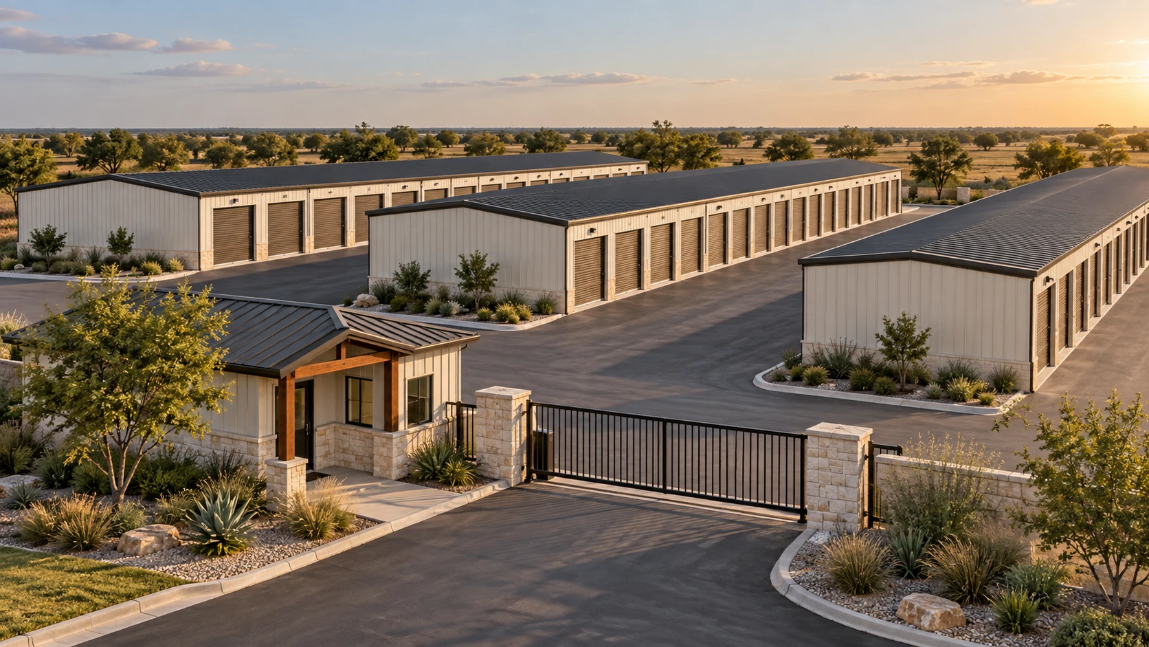 Future storage buildings with a landscaped entry and gate concept